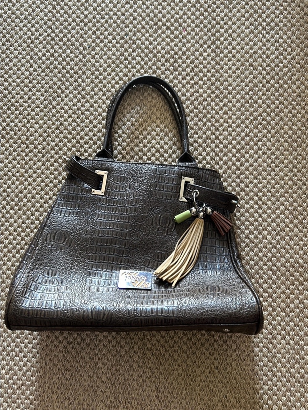 Pinko Black Croc-Embossed Satchel with Tassel Charm